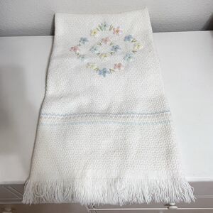 Vintage Mervyns Knit Basket Weave Floral Embroidered Fringe Baby Blanket Italy